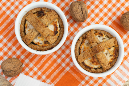 Cestino di frolla (senza burro) alle noci con ricotta, uvetta e noci